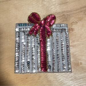 Sequin Gift Box Brooch Present Pink and Silver